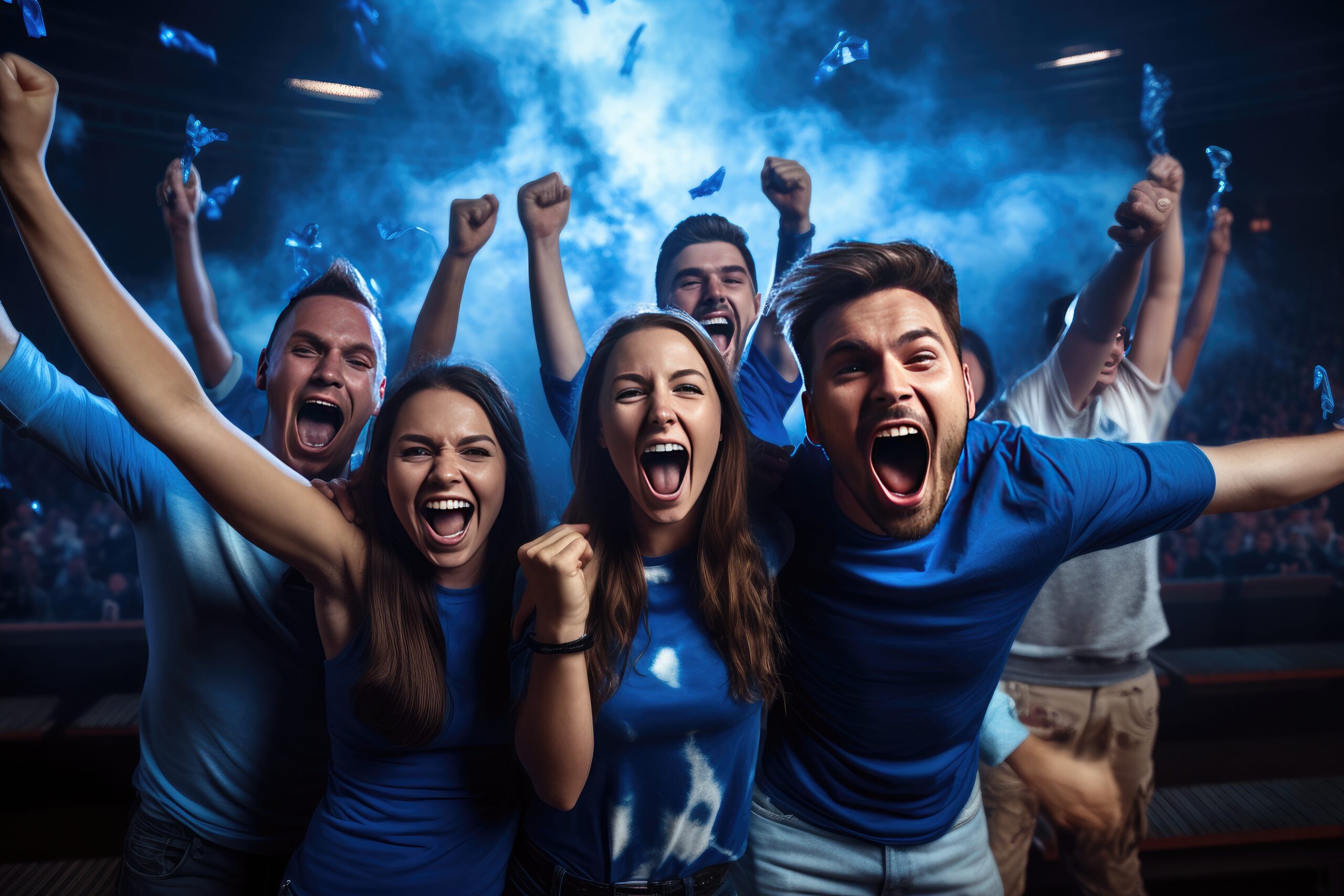 Group of football fans are cheering for their team victory mix colour t shirt. Generative ai