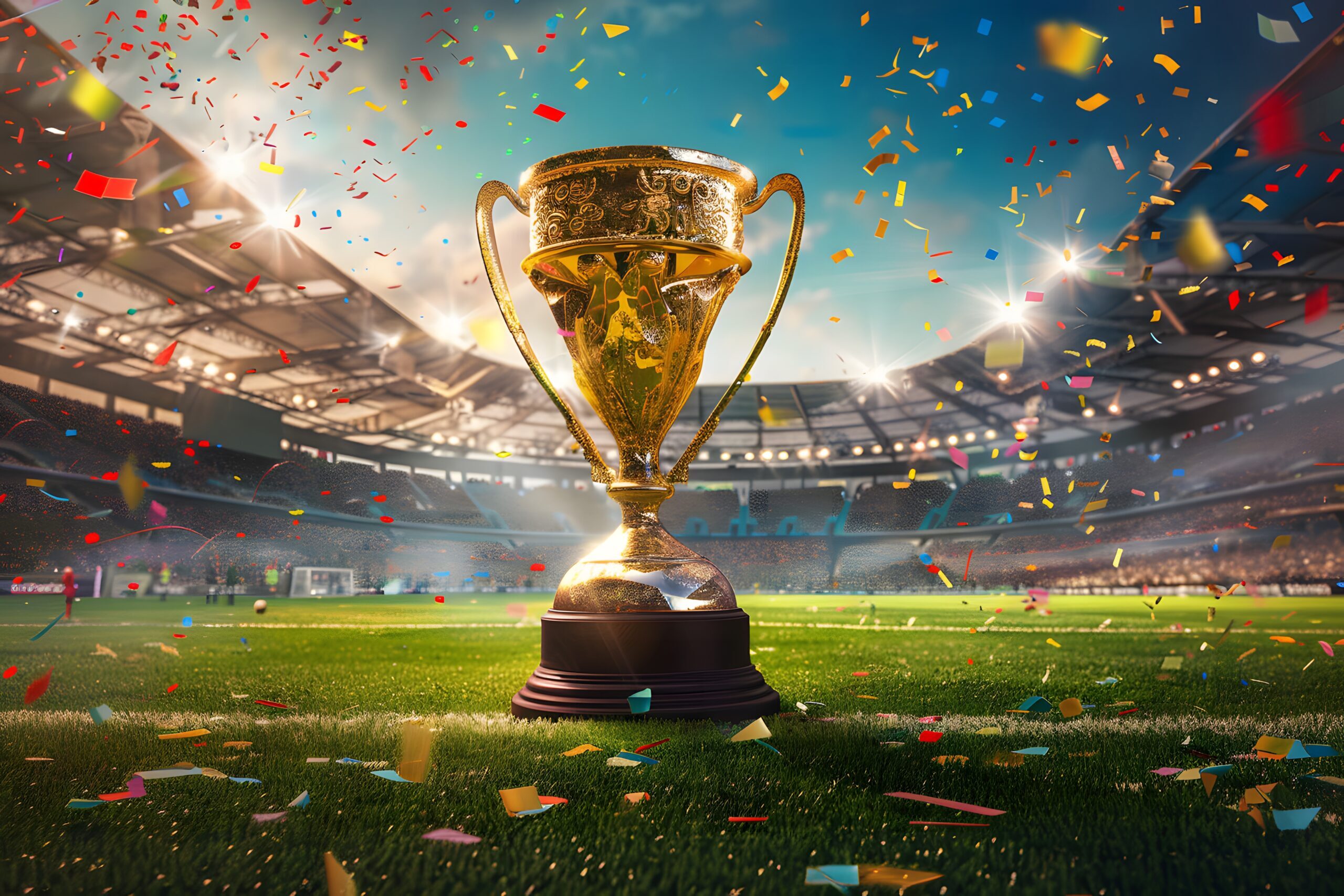 A vibrant scene featuring a golden trophy on a soccer field, with a stadium full of cheering fans and confetti falling from the sky, capturing the excitement of victory