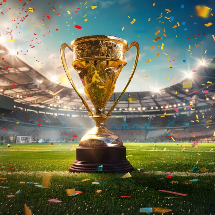 A vibrant scene featuring a golden trophy on a soccer field, with a stadium full of cheering fans and confetti falling from the sky, capturing the excitement of victory