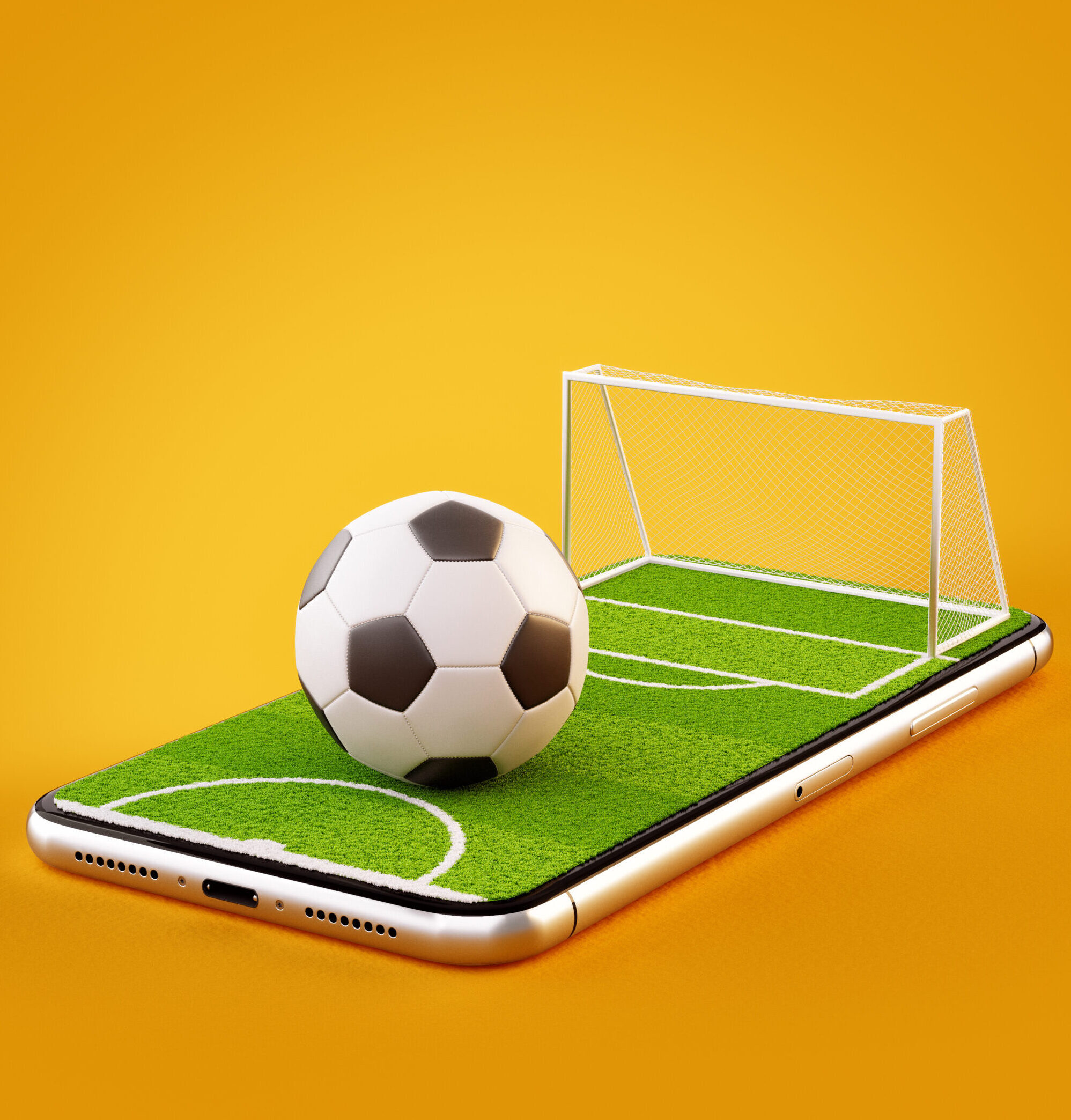 Unusual 3d illustration of a soccer field and soccer ball on a smartphone screen. Watching soccer and betting online concept