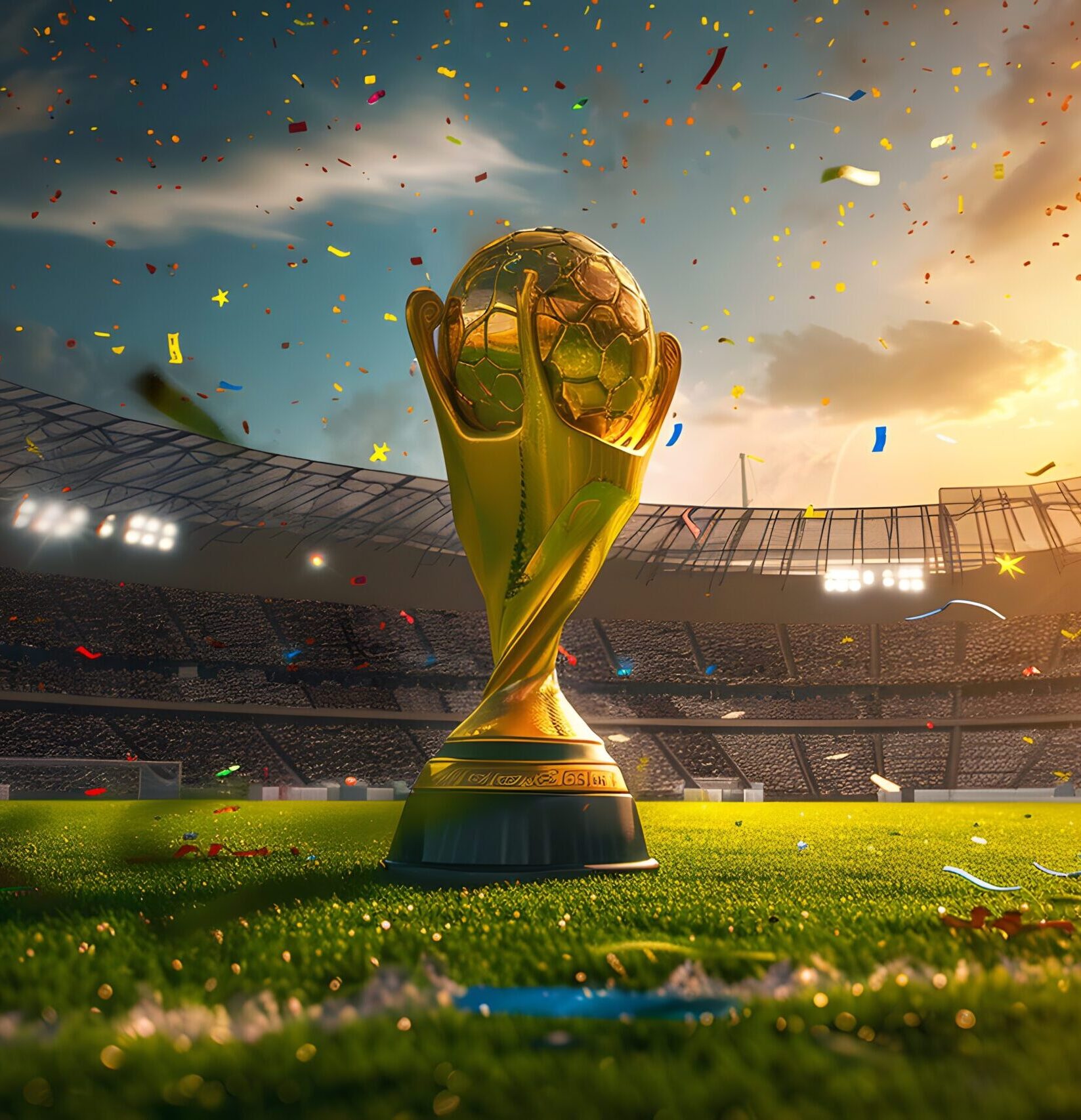 A vibrant scene featuring a golden trophy on a soccer field, with a stadium full of cheering fans and confetti falling from the sky, capturing the excitement of victory